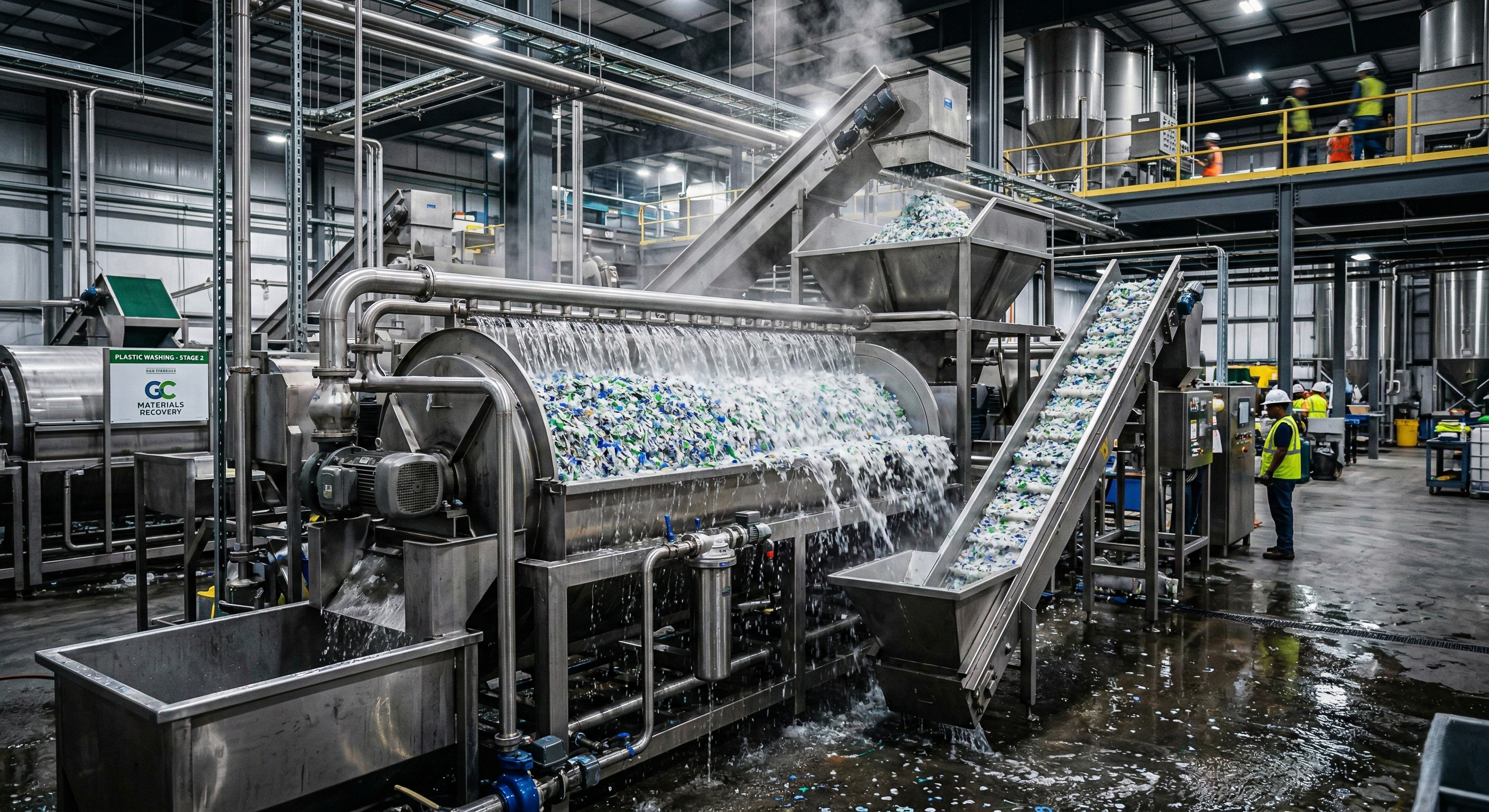 Industrial plastic washing line with water cascading over shredded plastic flakes