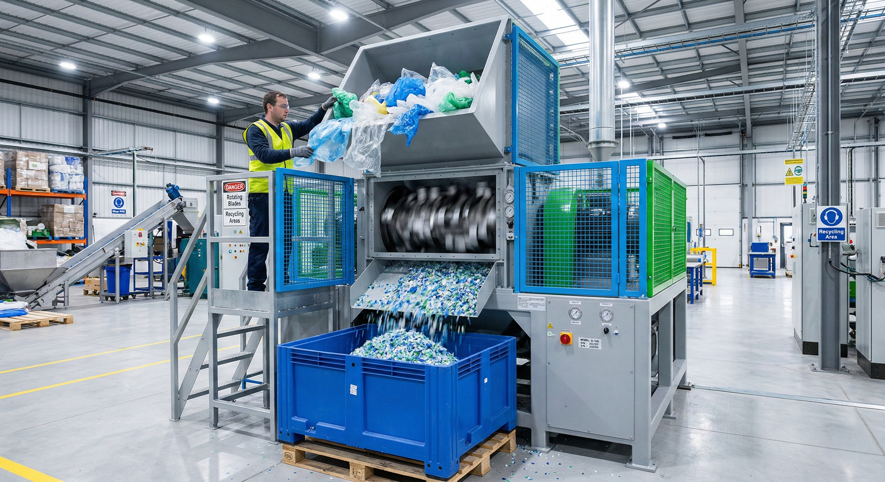 Industrial plastic granulator machine grinding plastic bags into flakes