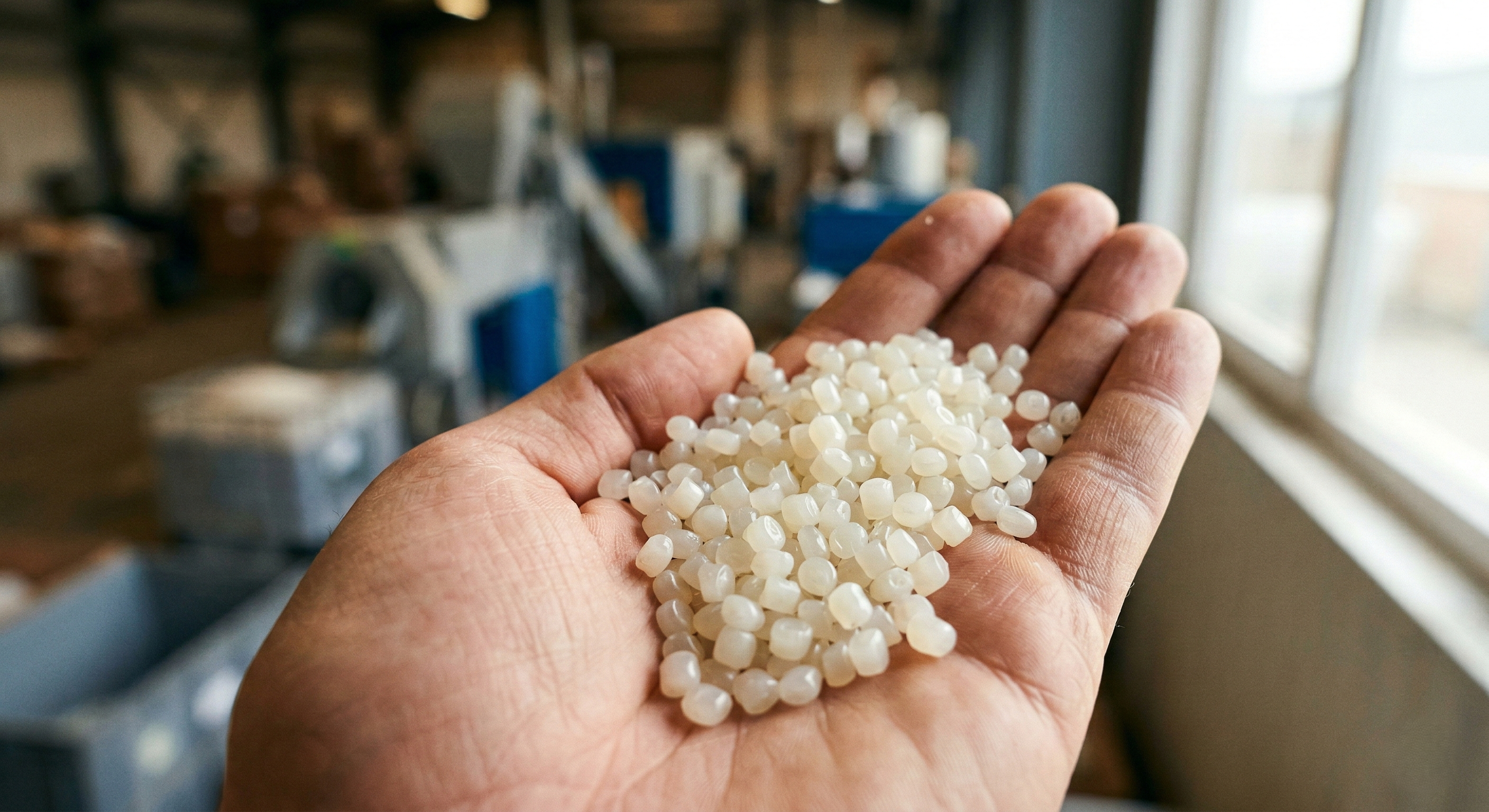 Recycled plastic pellets being held in an open palm
