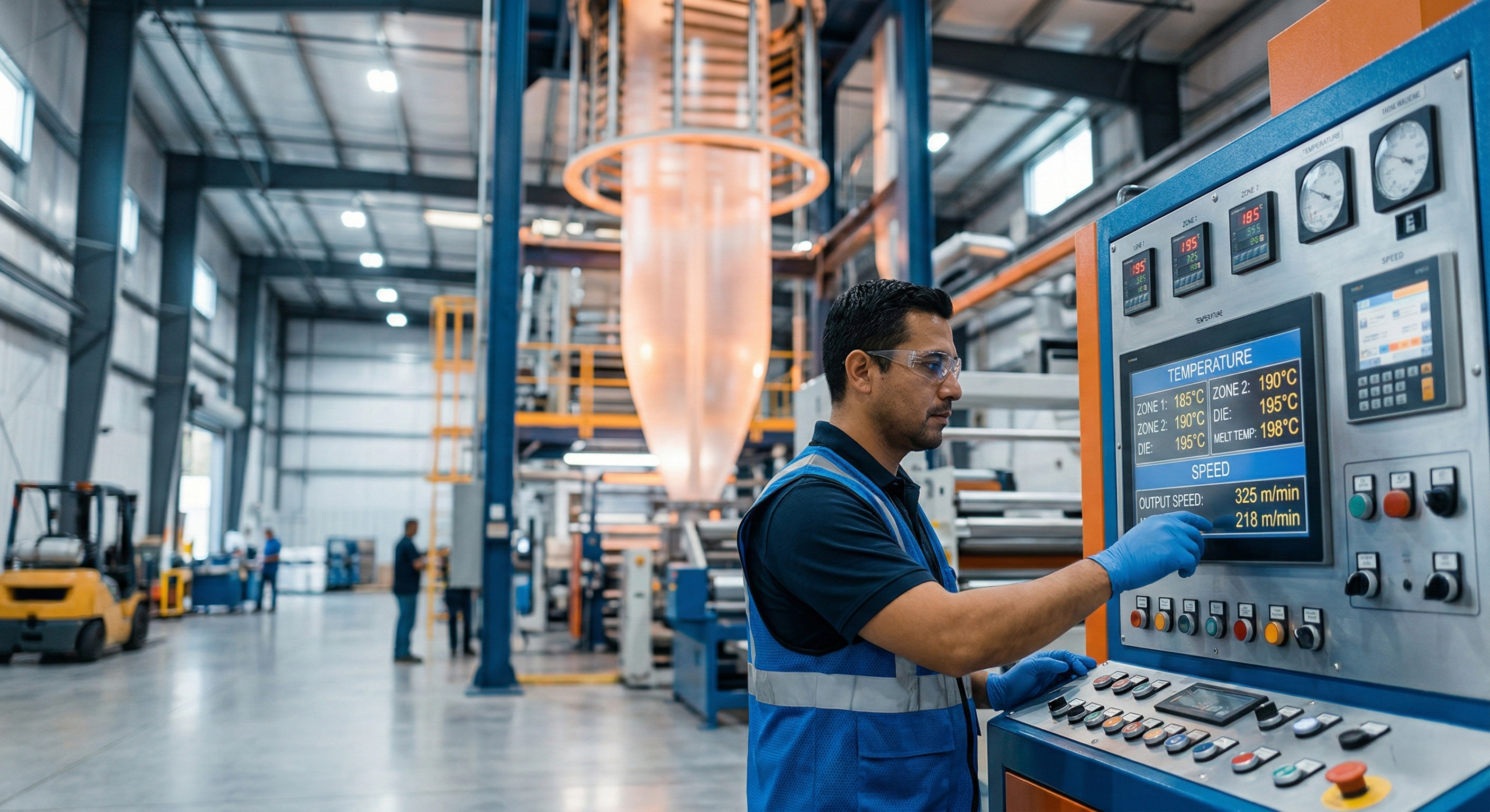 Operator monitoring blown-film extrusion line control panel with digital displays