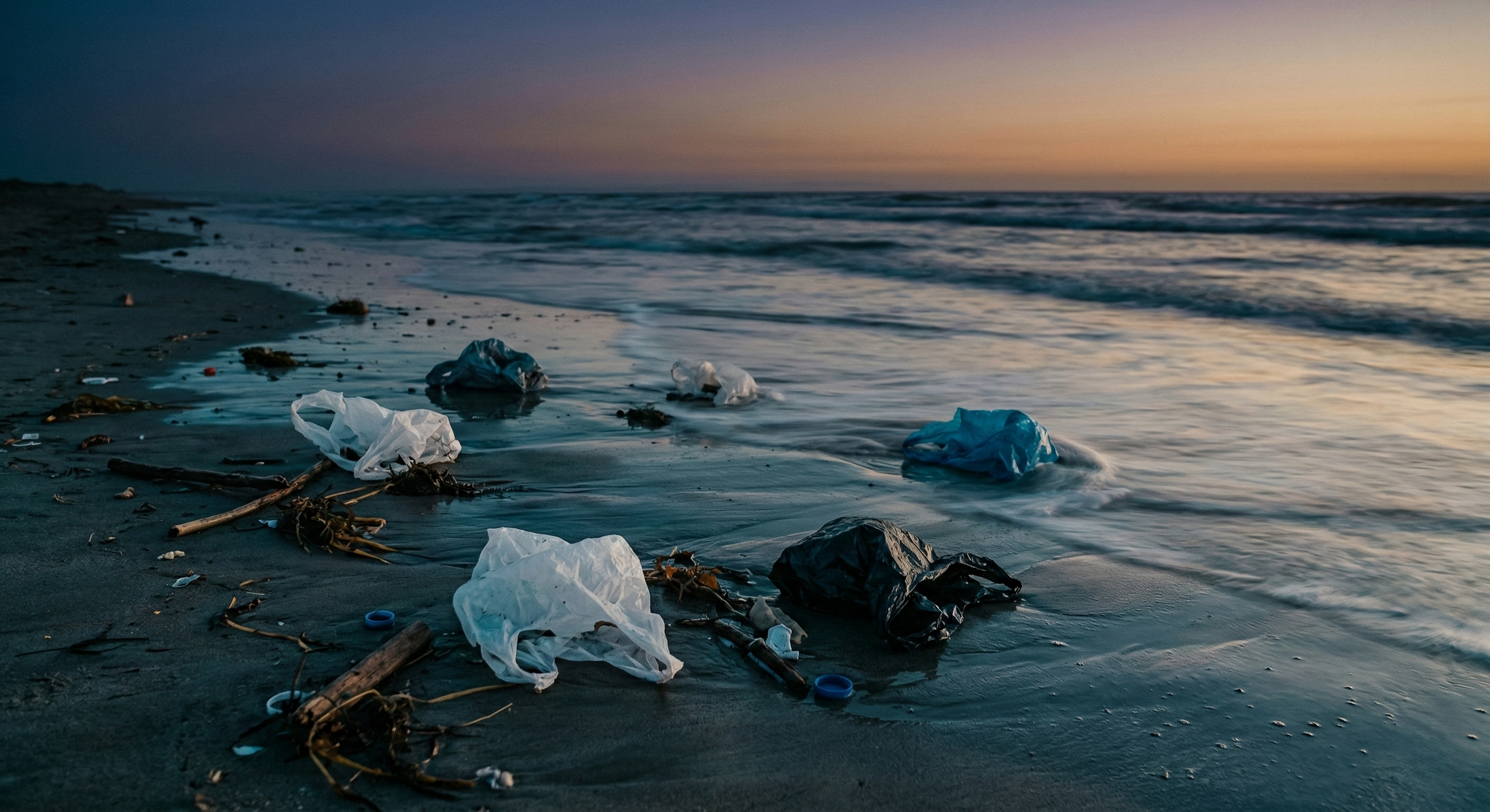 Ocean waves washing over scattered plastic bags on a beach at dusk
