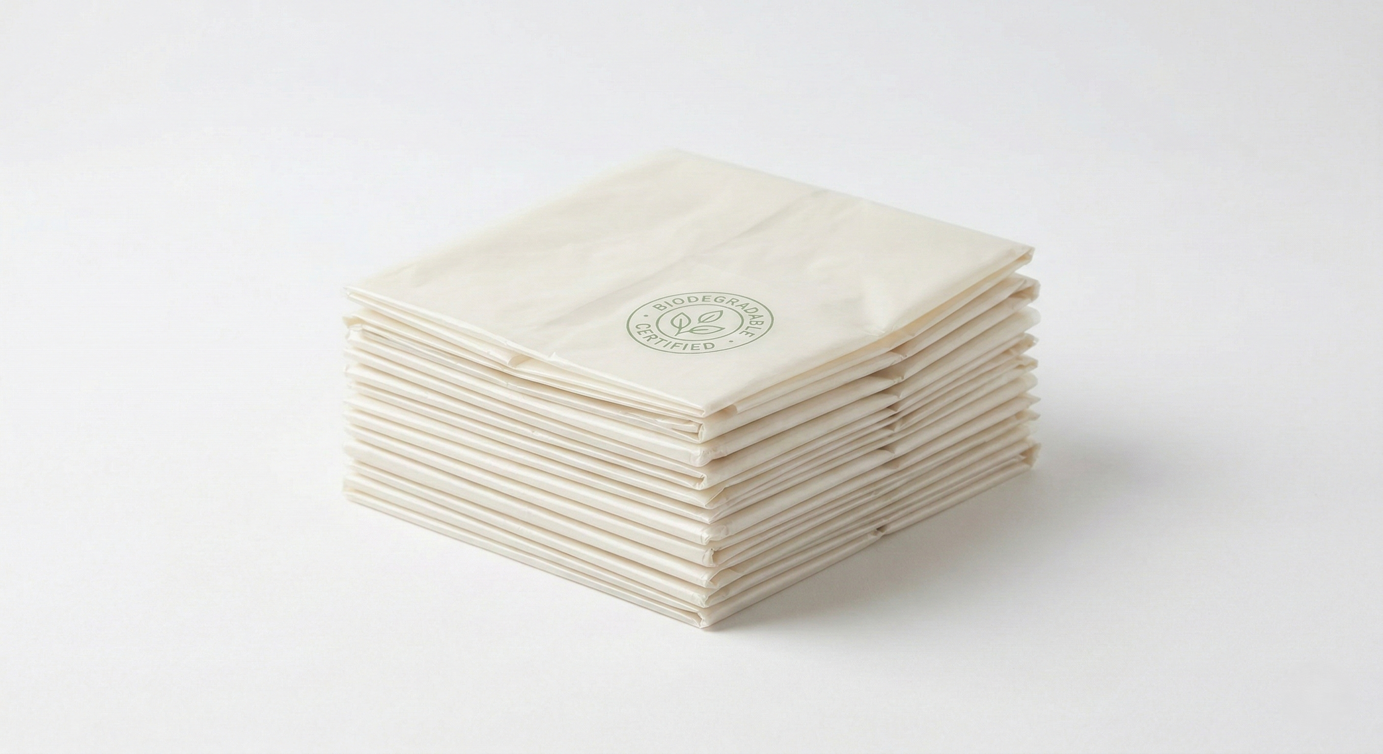 Stack of folded recycled plastic bags with green biodegradable stamp