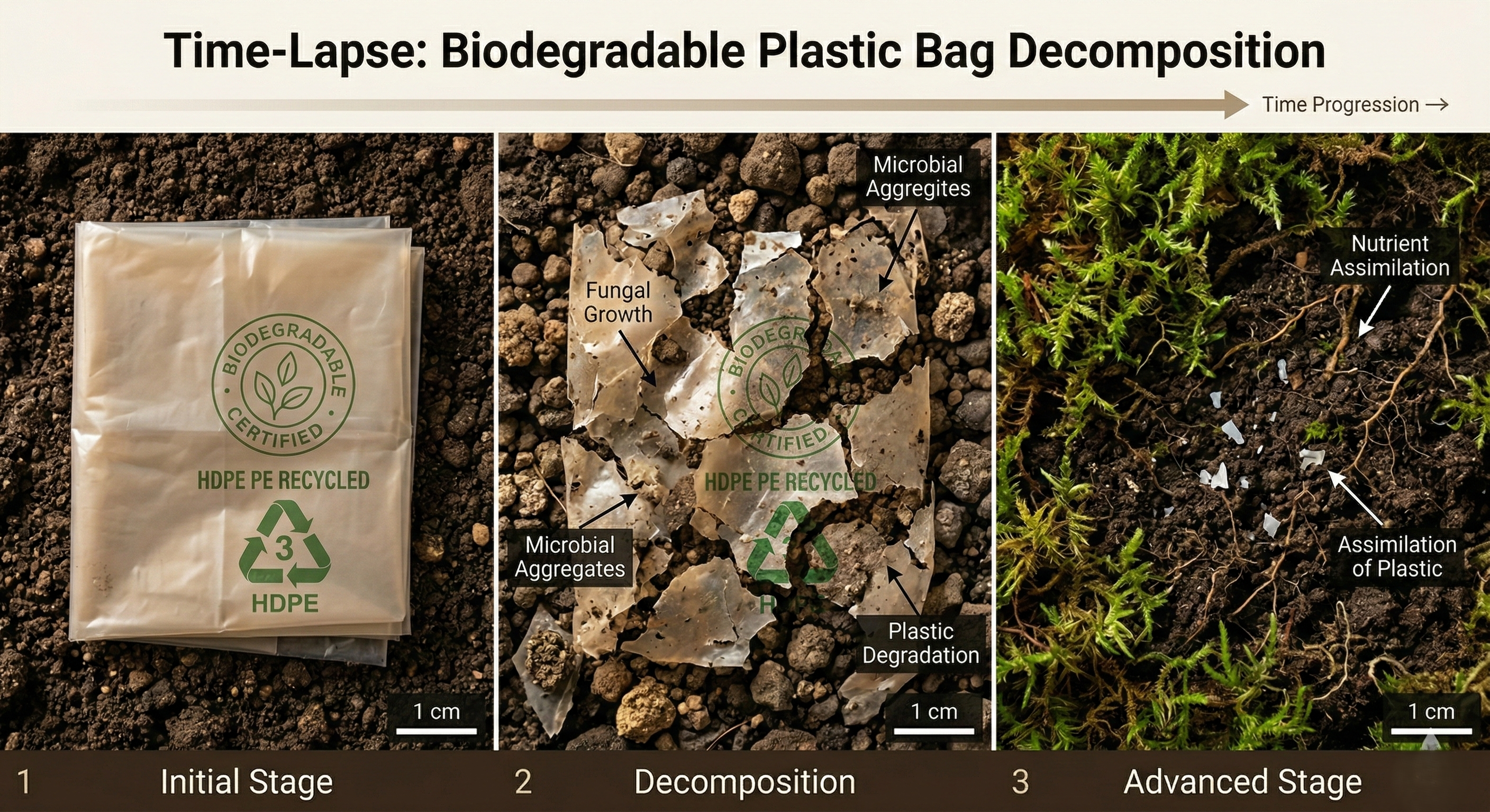 Biodegradable plastic bag in soil at three stages of decomposition