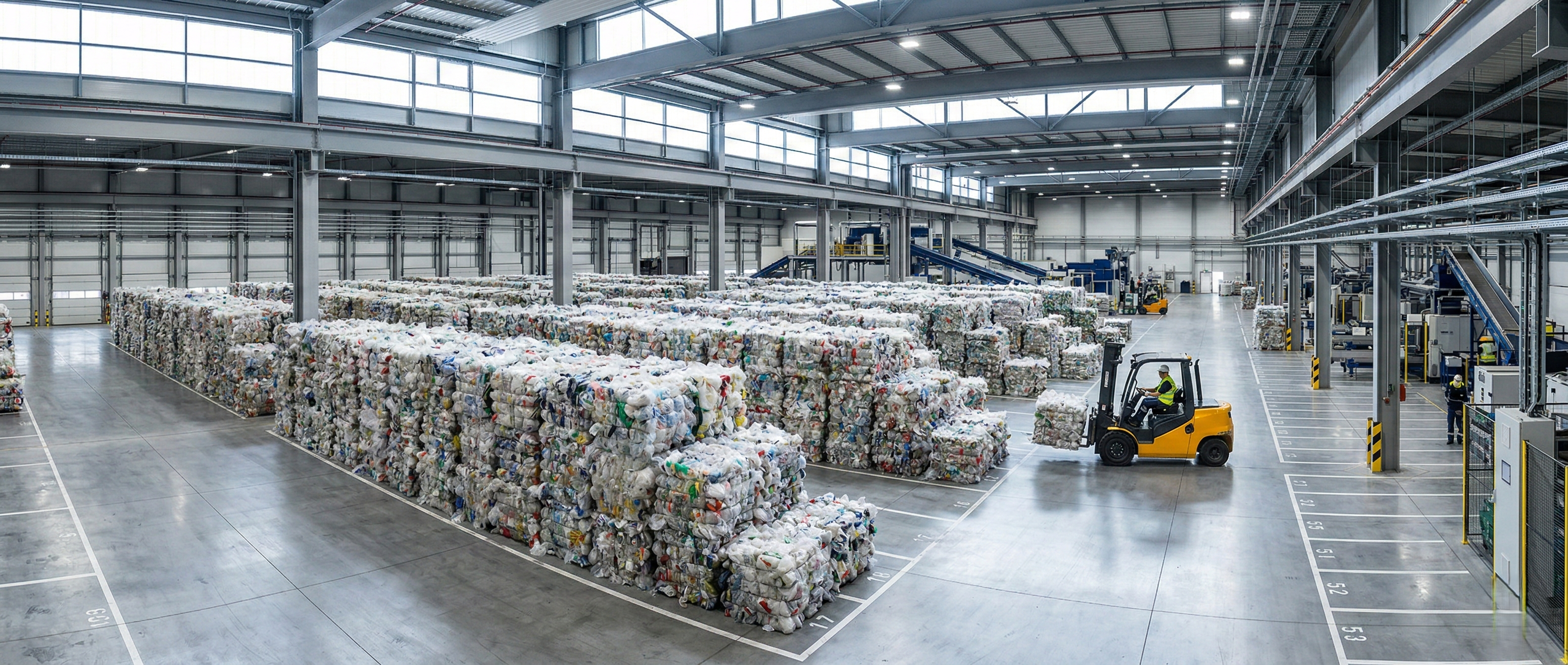Industrial warehouse with mountains of compressed plastic bag bales