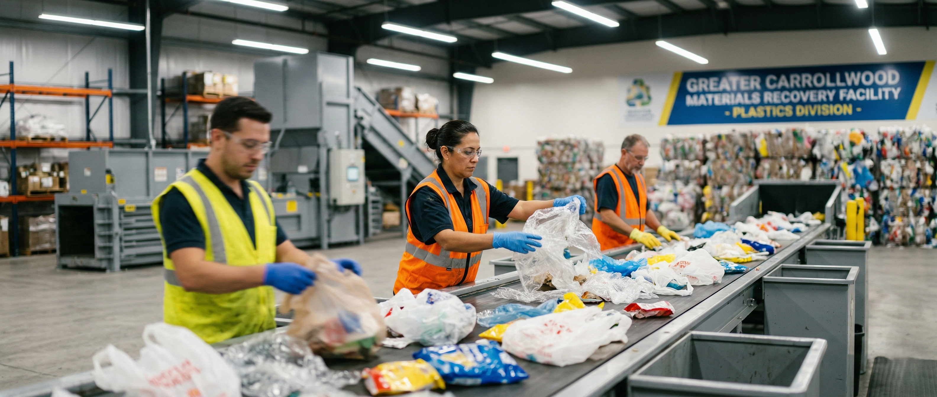 Workers in safety vests sorting plastic bags on a conveyor belt at recycling facility