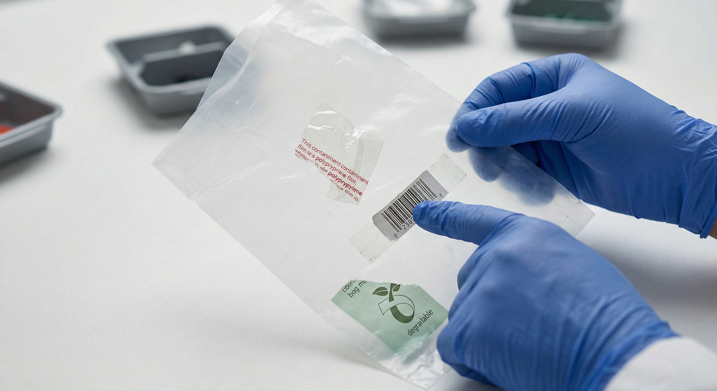 Close-up of hands in blue industrial gloves inspecting HDPE plastic bag material